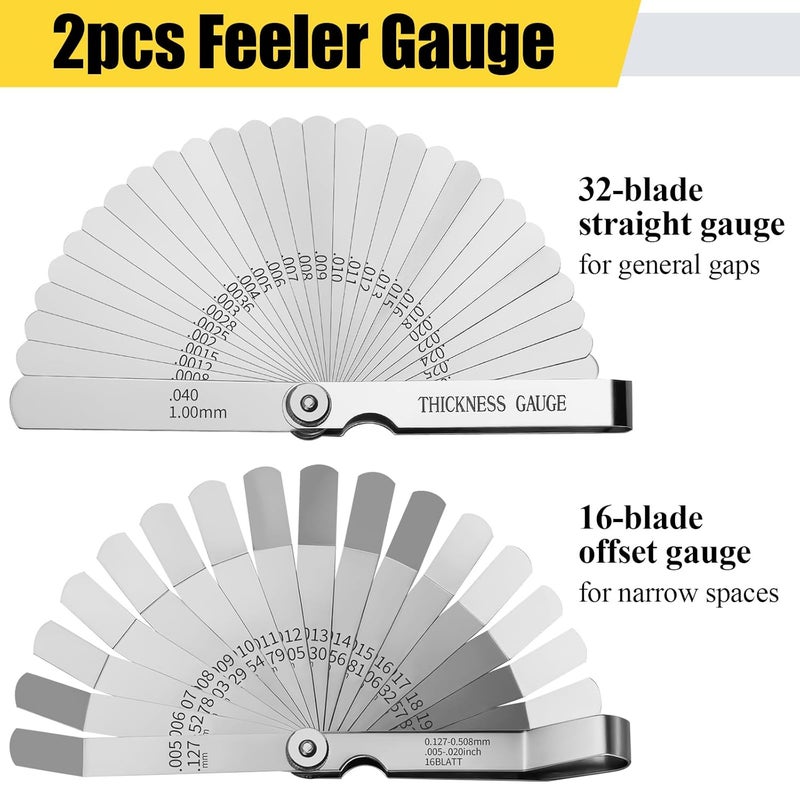 Hoiny 2pcs Feeler Gauges Set Stainless Steel, 32 Straight & 16 Angled Blades, Dual Marked SAE/Metric Wider Range Spark Plug Gap Tool, Filler Gauges Kit for Valves, Automotive, Piston, Guitar - Image 2